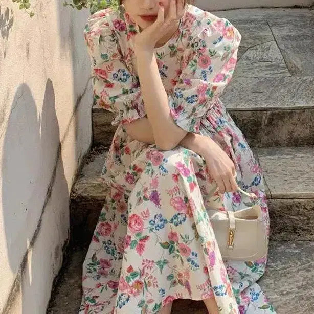 [BUNJANG] Floral Puff Sleeve Long Dress / (새상품) 휴양지룩 꽃 플라워 빅퍼프 롱 원피스