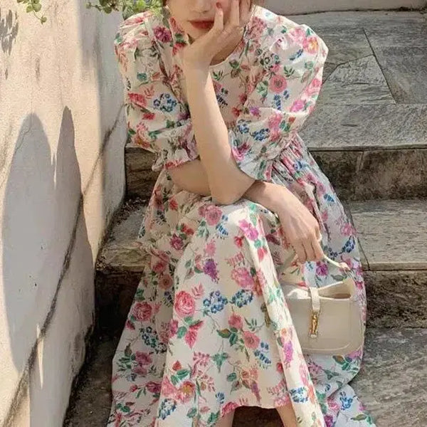 [BUNJANG] Floral Puff Sleeve Long Dress / (새상품) 휴양지룩 꽃 플라워 빅퍼프 롱 원피스