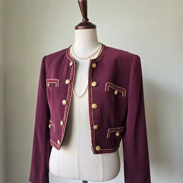 [BUNJANG] Burgundy Lace Taping Cropped Jacket / 버건디 레이스 테이핑 금장 크롭 자켓