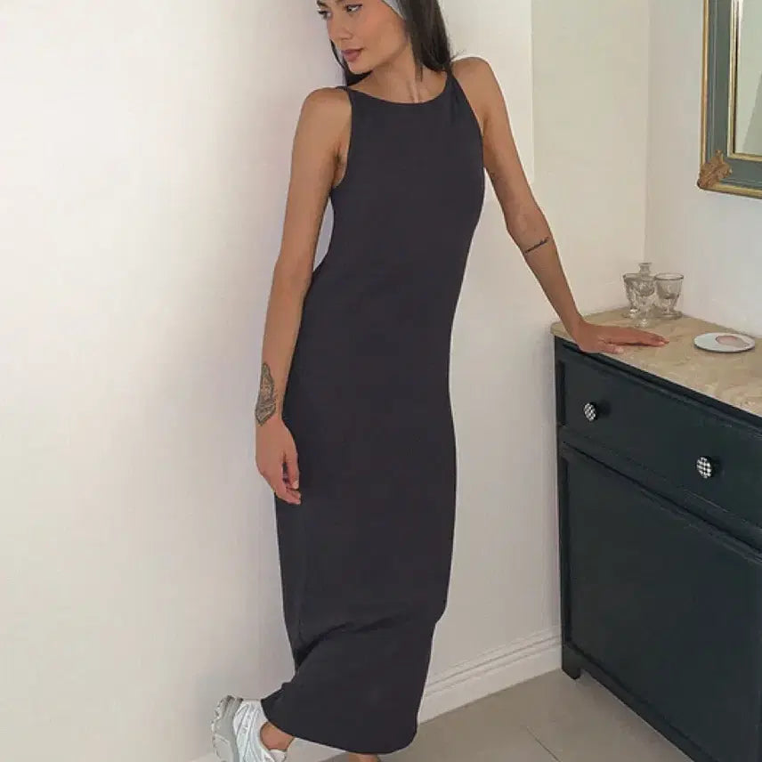 [BUNJANG] INJI ACTIVE Ribbed Maxi Dress Charcoal (Long) / 인지액티브 리브드 맥시 원피스 차콜