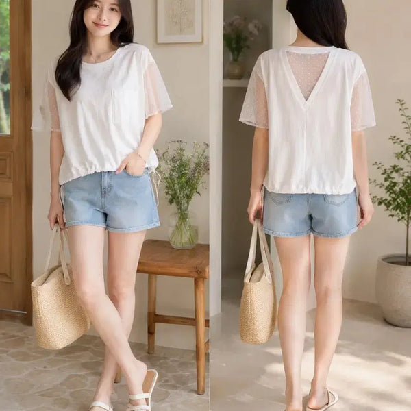[BUNJANG] Women's Summer Dot See-through V-Neck Short Sleeve T-Shirt / 여성 여름 반팔티 도트 시스루 브이넥