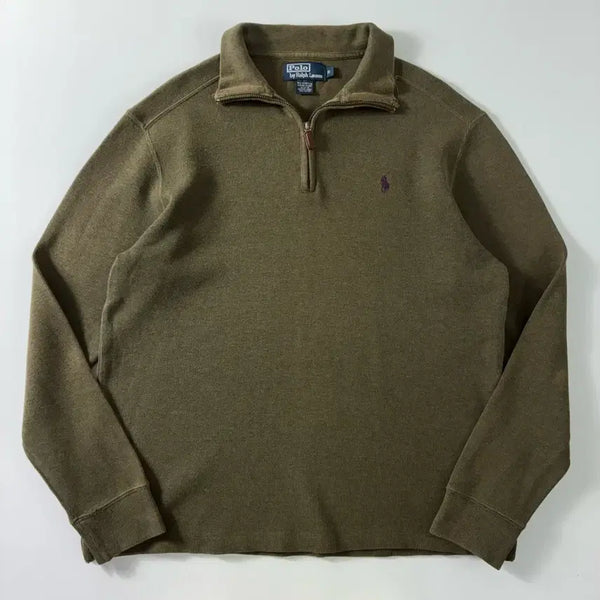 [BUNJANG] Polo Ralph Lauren Embroidered Cotton Khaki Half-Zip Knit / Polo  폴로 랄프로렌 자수 코튼 카키 반집업 니트