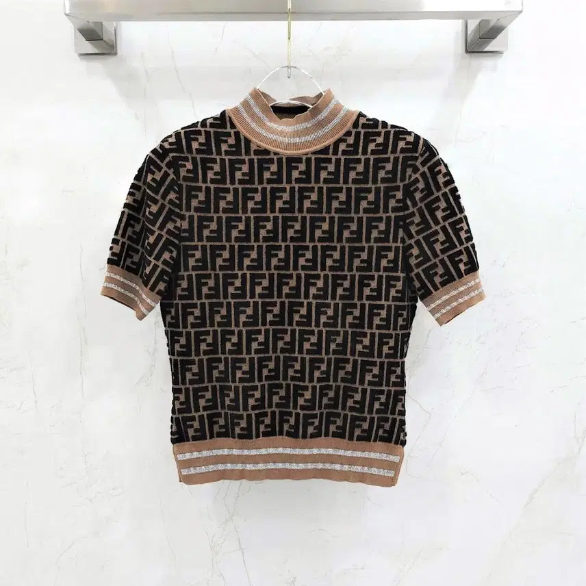 [BUNJANG] Fendi FF Logo Velvet Short Sleeve Knit - Size 36 / 36 / 펜디 FF 로고 벨벳 반팔 니트