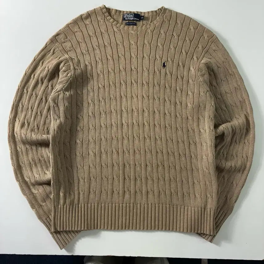[BUNJANG] Polo Ralph Lauren 90s Embroidered Cotton Cable Knit Sweater / Polo  폴로 랄프로렌 90,s 자수 코튼 베이지 케이블 니트