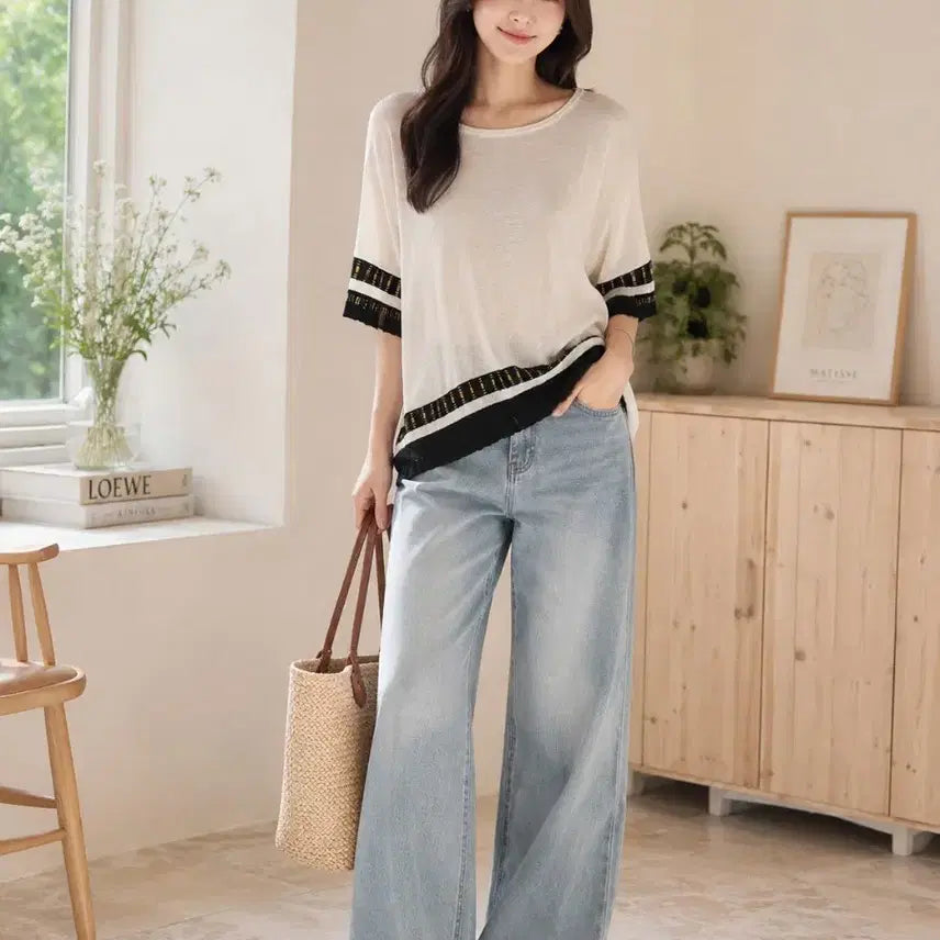 [BUNJANG] Women's Summer Knit Short Sleeve T-Shirt / 여성 여름 니트 반팔티