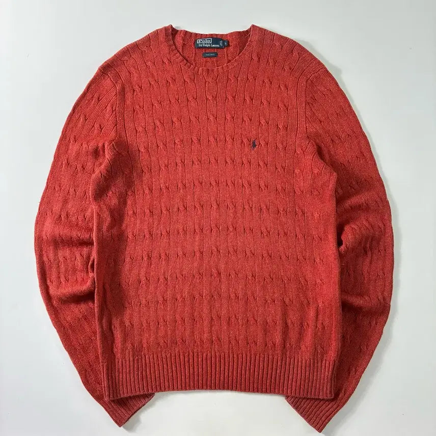 [BUNJANG] Polo Ralph Lauren Silk Coral Red Cable Knit Sweater / Polo  폴로 랄프로렌 실크 코랄레드 케이블 니트