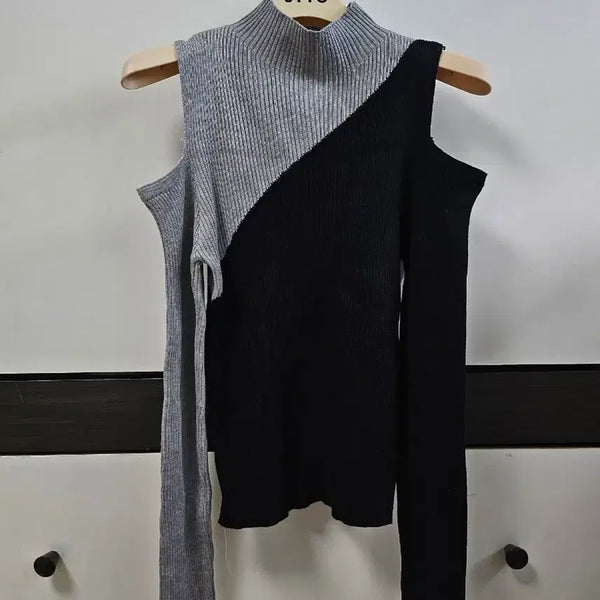 [BUNJANG] Black Grey Off-Shoulder Turtleneck Ribbed Knit / 블랙 그레이 어깨트임 목폴라 골지 니트