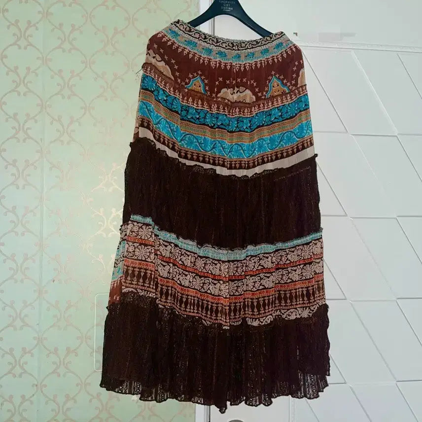 [BUNJANG] Hippie Brown Elastic Long Skirt / 히피 브라운 밴딩 롱스커트