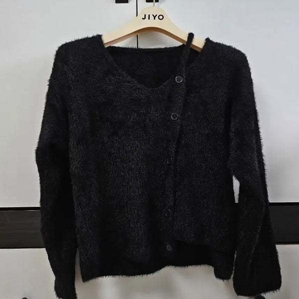 [BUNJANG] Black Button One Shoulder Angora Knit / 블랙 버튼 원숄더 앙고라 니트