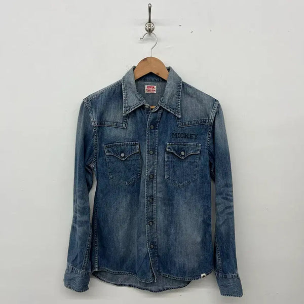 [BUNJANG] EDWIN Mickey Mouse Vintage Pocket Denim Shirt Women's M / EDWIN 미키마우스 빈티지 포켓 데님 셔츠 여성 M