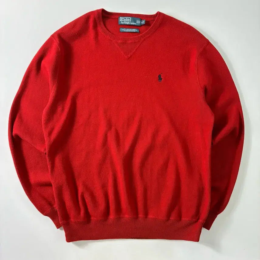 [BUNJANG] Polo Ralph Lauren 90s Embroidered Cotton Red Round Knit L / Polo  폴로 랄프로렌 90,s 자수 코튼 레드 라운드 니트