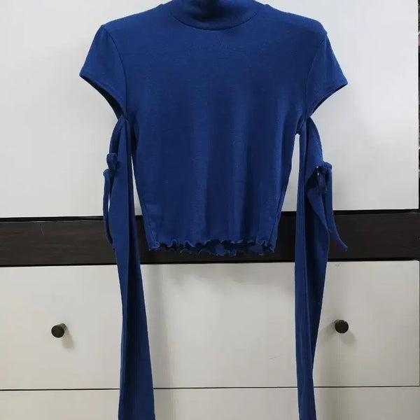 [BUNJANG] Blue Cut-Out Turtleneck Ribbon T-Shirt / 블루 팔트임 ? 목폴라 리본 티
