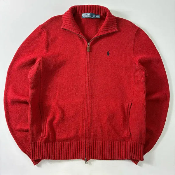 [BUNJANG] Polo Ralph Lauren Embroidered Cotton Red Two-Way Knit Zip-Up / Polo  폴로 랄프로렌 자수 코튼 레드 투웨이 니트 집업