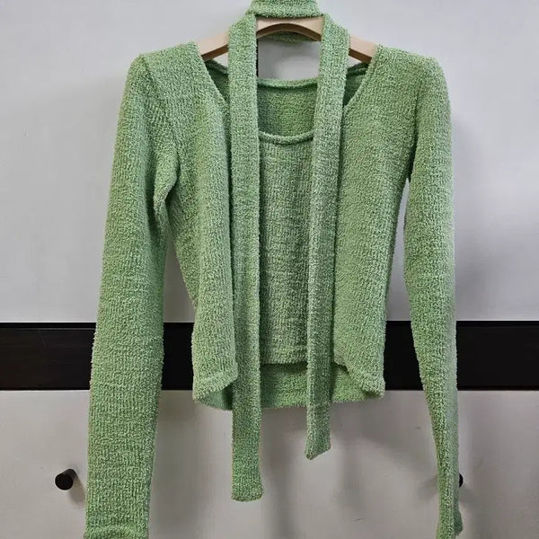 [BUNJANG] Mint Boucle Scarf Knit Set / 연두 부클 머플러 니트 세트