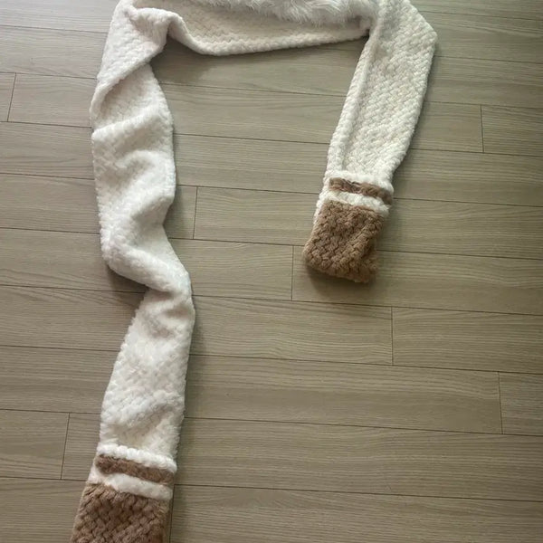 [BUNJANG] Knit Hooded Scarf White Brown / 따뜻한 니트 후드 목도리 화이트 브라운