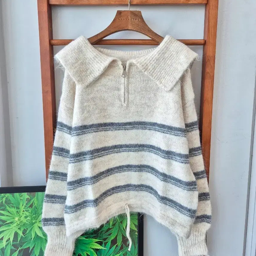 [BUNJANG] Sailor Collar Stripe Knit with Drawstring Hem / (새상품)세일러 카라 스트라이프 니트. 밑단 스트링