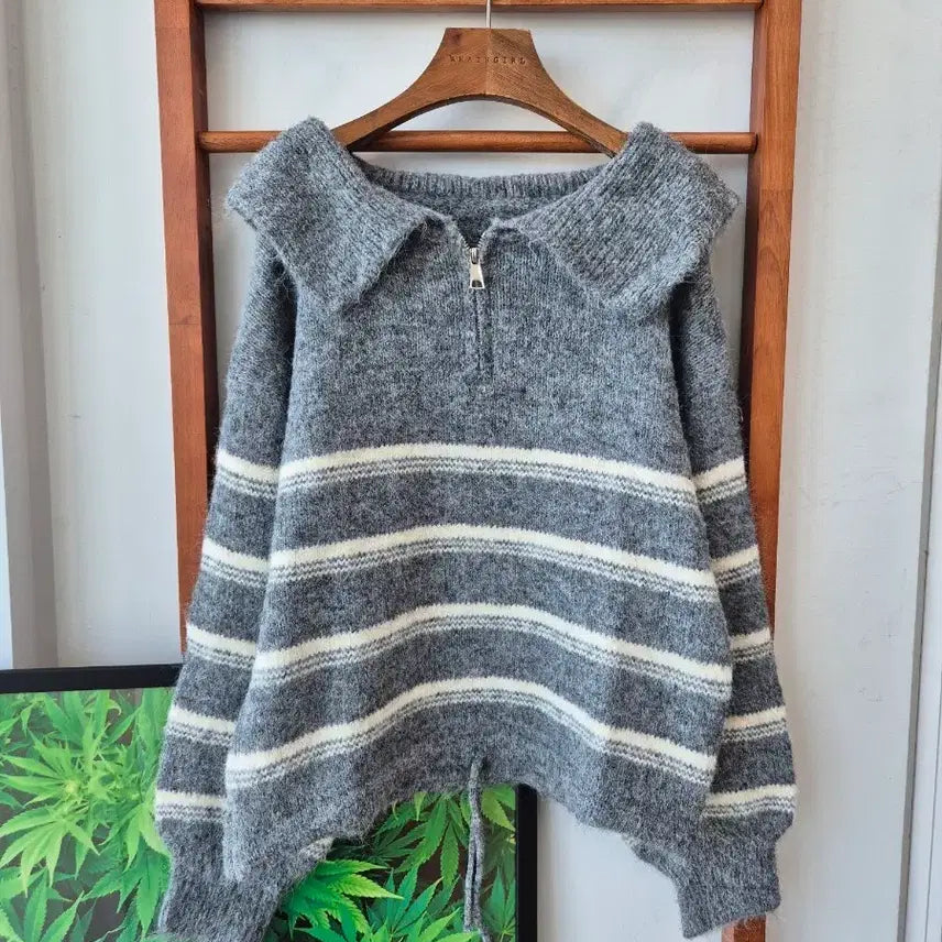 [BUNJANG] Sailor Collar Stripe Knit with Adjustable Hem String - Gray / (새상품)세일러 카라 스트라이프 니트. 밑단 스트링 그레이