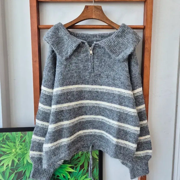 [BUNJANG] Sailor Collar Stripe Knit with Adjustable Hem String - Gray / (새상품)세일러 카라 스트라이프 니트. 밑단 스트링 그레이