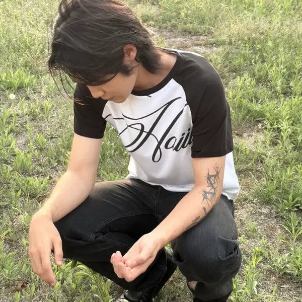 [BUNJANG] Halo Lettering Raglan Short-Sleeve T-Shirt / 헤일로 레터링 래글런 반팔 티셔츠