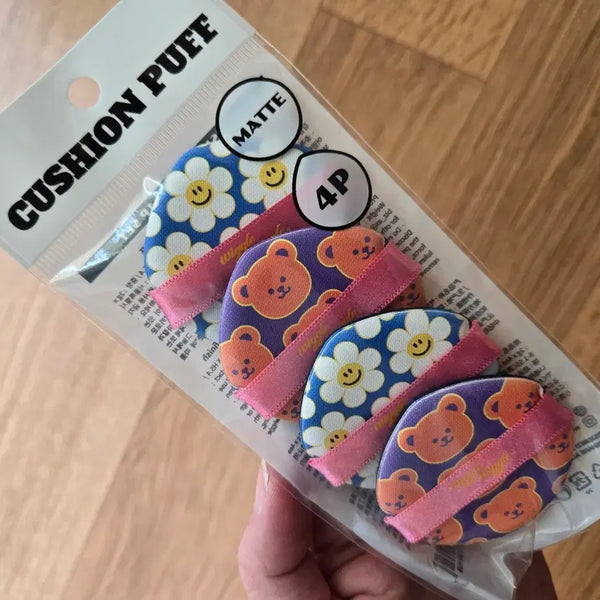 [BUNJANG] Wiggle Wiggle Cushion Puff 4P - Matte Bear Flower Print / 위글위글 쿠션퍼프 4p 매트 베어 꽃 프린트