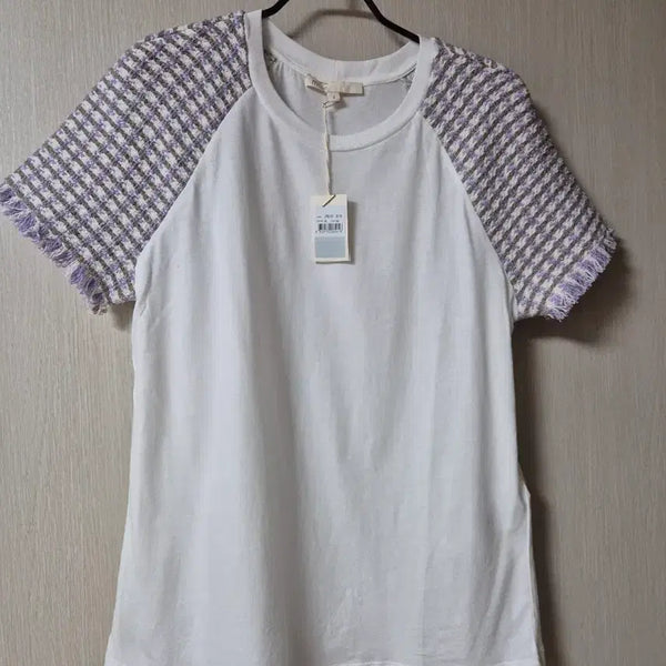 [BUNJANG] Maje Tweed Color-block Short Sleeve T-Shirt Purple / (새제품) 마쥬 트위드 배색 반팔 티셔츠 2 퍼플소매