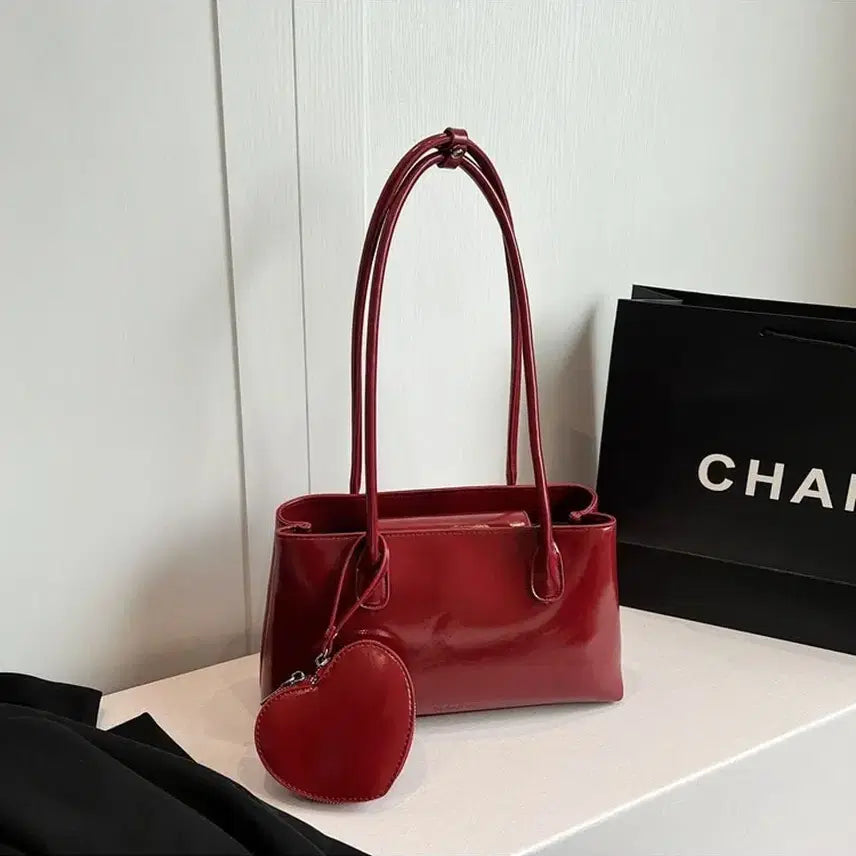 [BUNJANG] Cherry Red Shoulder Bag Heart Pouch Set / 체리레드 숄더백 하트 파우치 세트