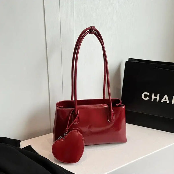 [BUNJANG] Cherry Red Shoulder Bag Heart Pouch Set / 체리레드 숄더백 하트 파우치 세트