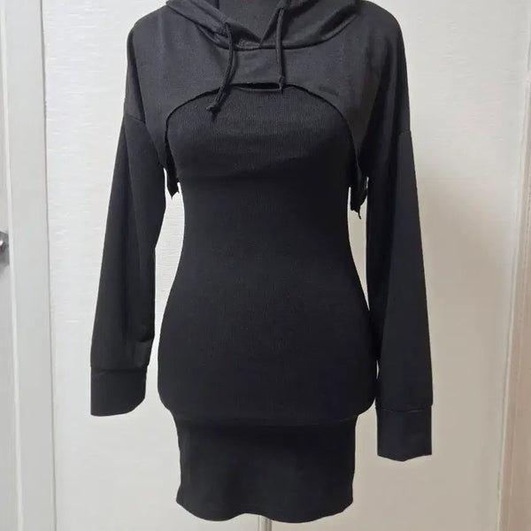 [BUNJANG] J.2 Studio Sleeveless Ribbed Dress + Hooded Bolero 2-Piece Set / 후드. 가디건  민소매 원피스 2종세트. 원디자인 블랙