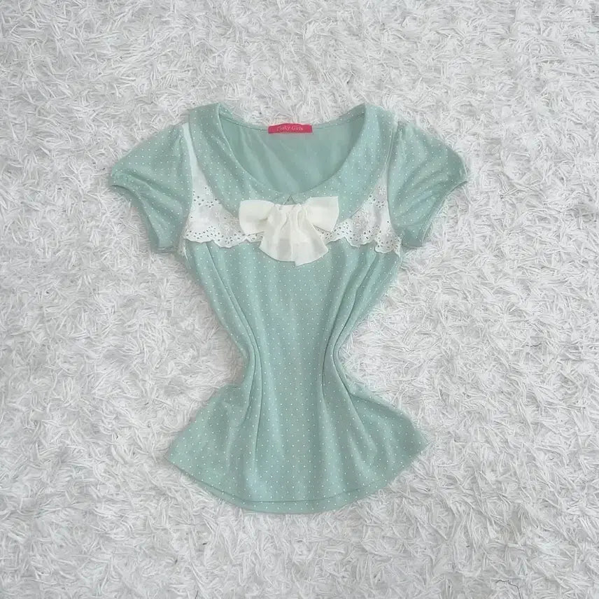 [BUNJANG] Mood Bridge Dot Ribbon Brooch Short Sleeve T-Shirt Blouse / pink girls 민트코어 도트 리본 브로치반소매무드브릿지빈티지티셔츠블라우스에이블리지그재그무신사갸루y2k