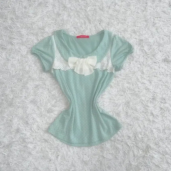 [BUNJANG] Mood Bridge Dot Ribbon Brooch Short Sleeve T-Shirt Blouse / pink girls 민트코어 도트 리본 브로치반소매무드브릿지빈티지티셔츠블라우스에이블리지그재그무신사갸루y2k