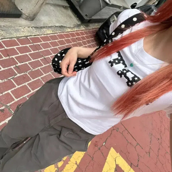 [BUNJANG] Fortena Star Logo Cap Sleeve T-Shirt (Black + White) / PRTN 포르테나 스타 로고 캡슬리브 반팔 티셔츠 블랙+화이트