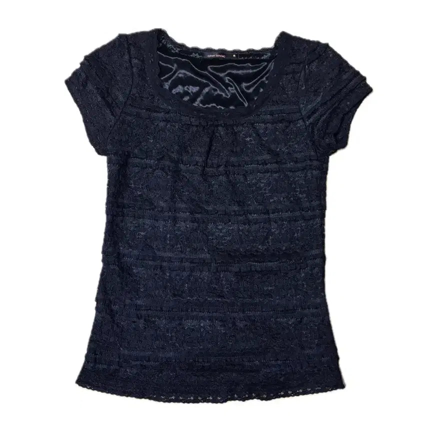 [BUNJANG] Gray Magic Lace U-Neck Slim Short Sleeve T-Shirt Black / gray magic 레이스 유넥 슬림 반팔티 블랙
