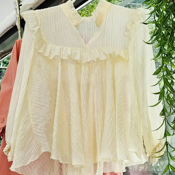 [BUNJANG] Sheer Frill 7/10 Sleeve Chiffon Blouse / [새상품]시스루 프릴 7부 쉬폰 블라우스