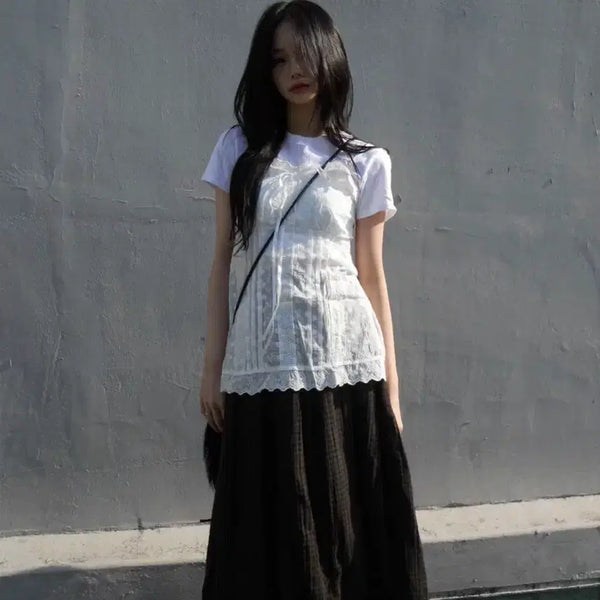 [BUNJANG] Zelena Lace Sleeveless Top + Check Long Skirt Set / Zelena 젤레나 레이스 슬리브리스+체크롱스커트