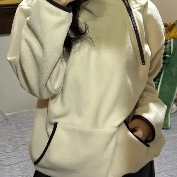 [BUNJANG] A-bly Diagonal Color Block Anorak Fleece Zip-Up Hoodie / 새상품) 에이블리 사선 배색 아노락 후리스 집업 후드티브라운, 크림