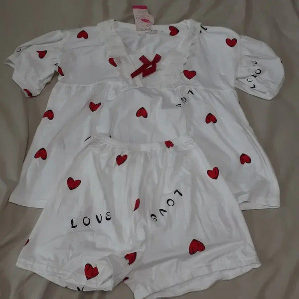 [BUNJANG] White Heart Pajama Set Two-Piece Top and Bottom / 화이트 하트 파자마 세트 프리 투피스 상하