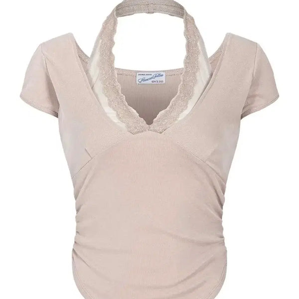 [BUNJANG] Please Follow Amelia Lace Halter Short Sleeve Top (Skin Beige) / 플리즈노팔로우 Amelia Lace Halter Short Sleeve Top (Skin Beige)