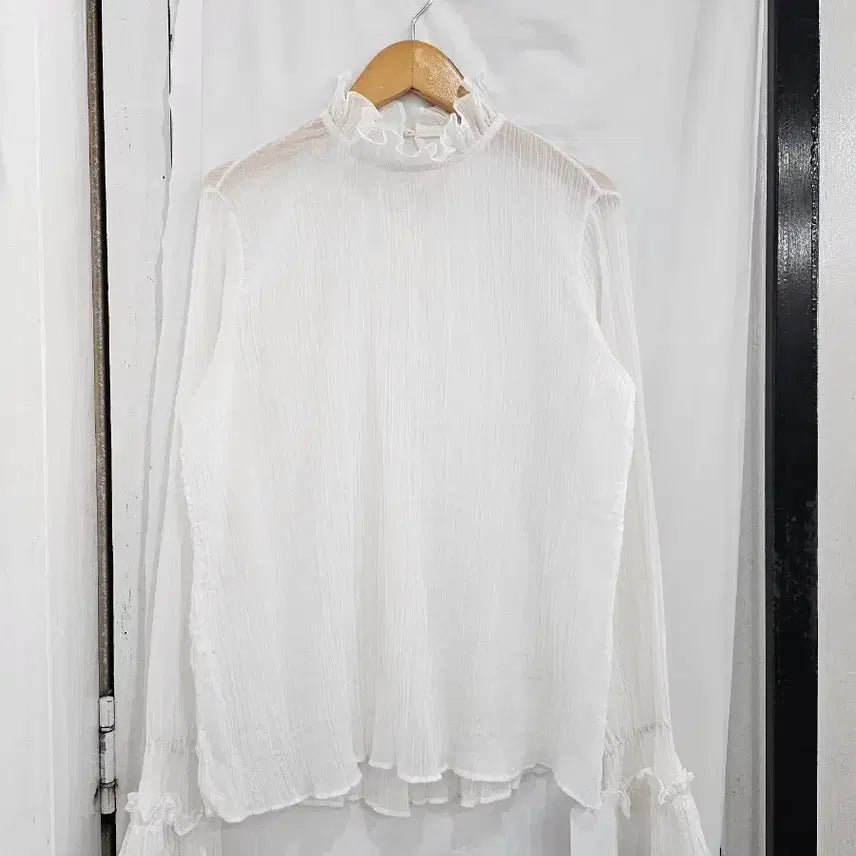 [BUNJANG] Women's Frill Neck Blouse - White / 새상품 여성 프릴 블라우스 Free 화이트 프릴넥 여리 주름 얇은 시스루 소매프릴 긴팔블라우스 새제품