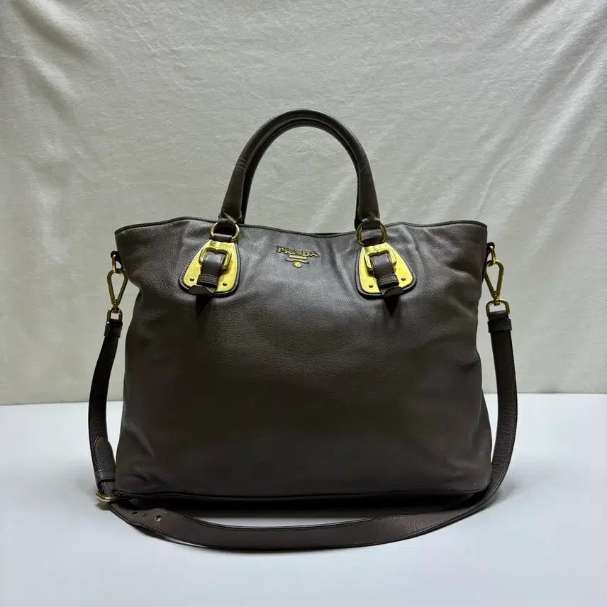 [BUNJANG] Prada Vitello Leather Gold Buckle 2-Way Tote Shoulder Bag / 정품 프라다 비텔로 레더 금장 버클 브라운 2way 토트 숄더백