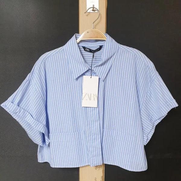 [BUNJANG] Zara Striped Blue Cropped Short Sleeve Shirt M / 진짜만원 새상품 자라 크롭반팔셔츠 66 스트라이프블루 M