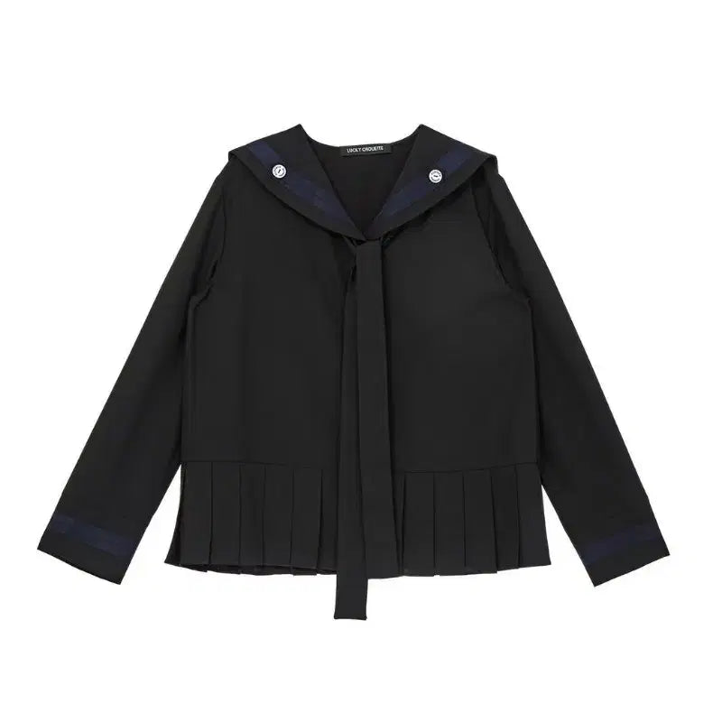 [BUNJANG] Lucky Chouette Sailor Collar Pleated Blouse Black / 럭키슈에뜨