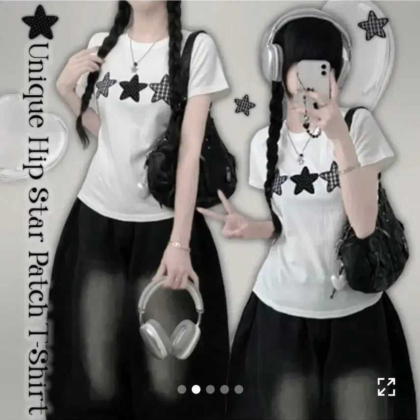 [BUNJANG] Check Star Patch Semi Chrome Short Sleeve T-Shirt / 에이블리 체크별패치 세미크롬 반팔 티셔츠