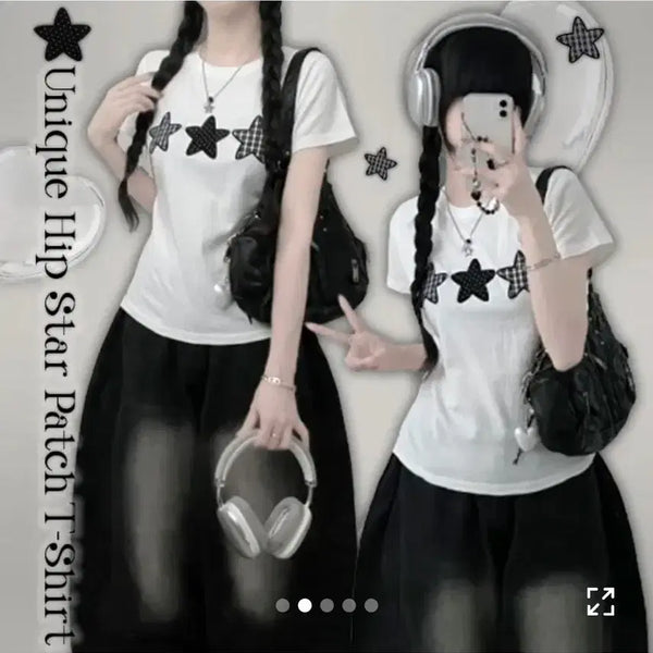[BUNJANG] Check Star Patch Semi Chrome Short Sleeve T-Shirt / 에이블리 체크별패치 세미크롬 반팔 티셔츠