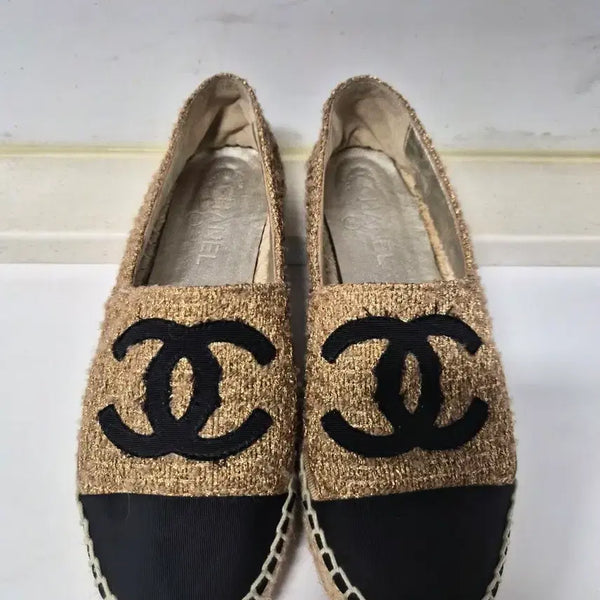 [BUNJANG] Chanel Espadrilles Tweed Gold Black Size 39 / 샤넬 에스파드리유 골드 블랙 39