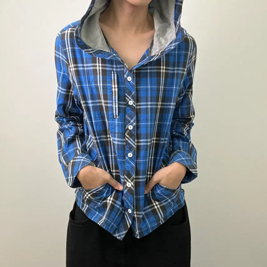 [BUNJANG] GRN Blue Check Hooded Shirt Jacket L / grn 블루 체크 후드 셔츠 자켓 L