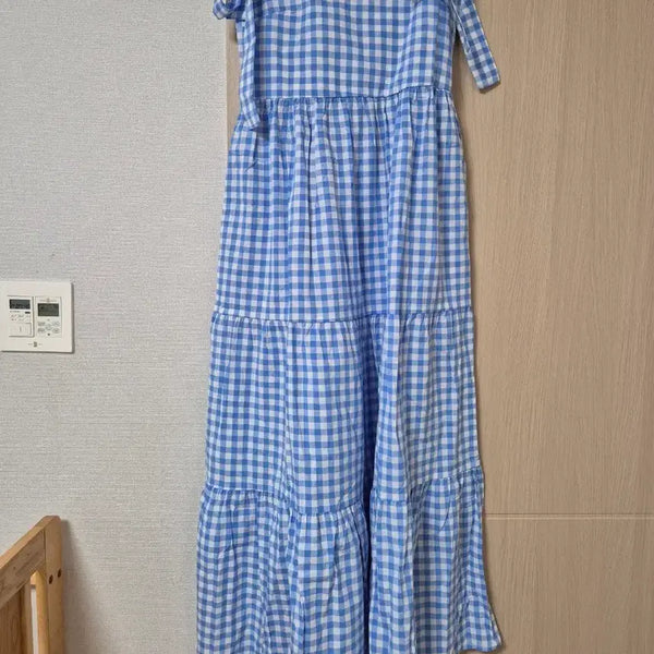 [BUNJANG] Elo Plaid V-neck Long Dress / 엘로 체크무늬 뷔스티에 롱 원피스 하늘색