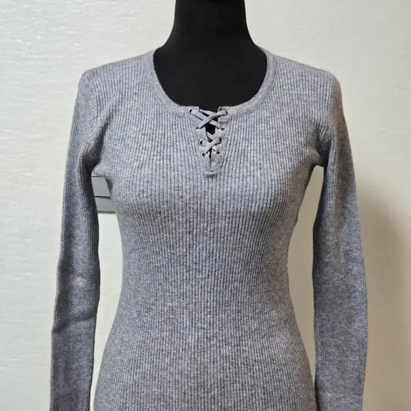 [BUNJANG] Gray Ribbed Angora-Feel Knit with String Detail / 그레이. 골지 앙고라 느낌  니트. 끈장식