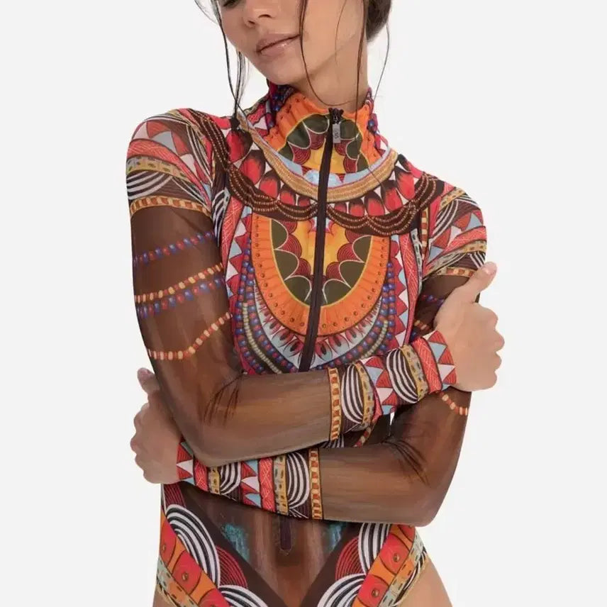 [BUNJANG] RODASOLEIL Ethnic Pattern Zip-Up Swimsuit / RODASOLEIL 에스닉 패턴 집업 수영복