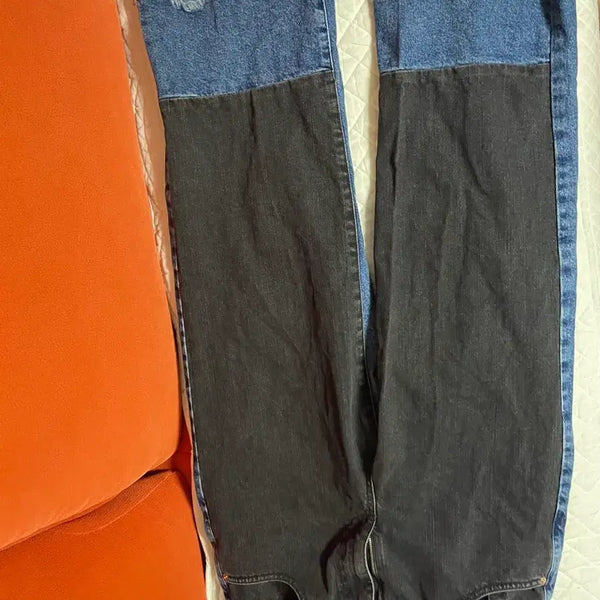 [BUNJANG] ASOS DENIM Two-Tone Colorblock Cut-Off Hem Jeans / ASOS DENIM 여성 투톤 아수라 데님 팬츠 30/32 블랙 블루 배색 청바지
