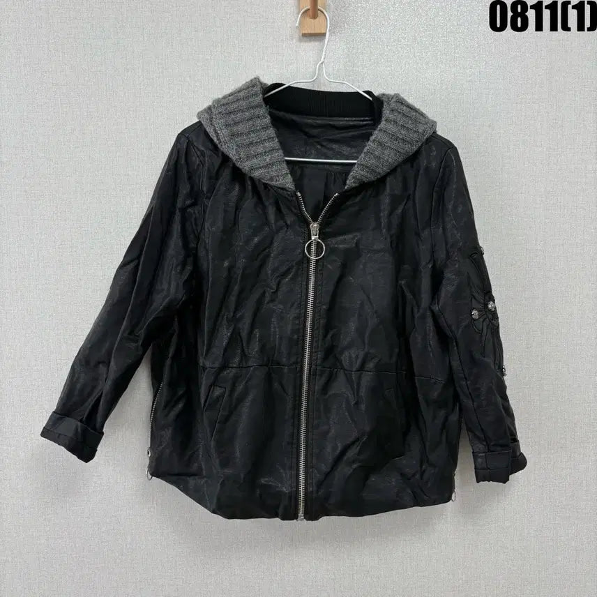 [BUNJANG] Leather Hooded Zip-Up Jacket Black M / 후드 집업 가죽 자켓 블랙 m